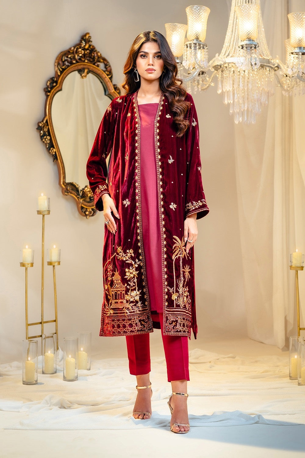 Velvet Embroidered Front Open Shirt With Inner And Dyed Trouser