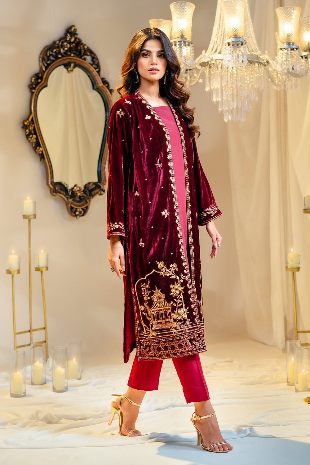 Velvet Embroidered Front Open Shirt With Inner And Dyed Trouser