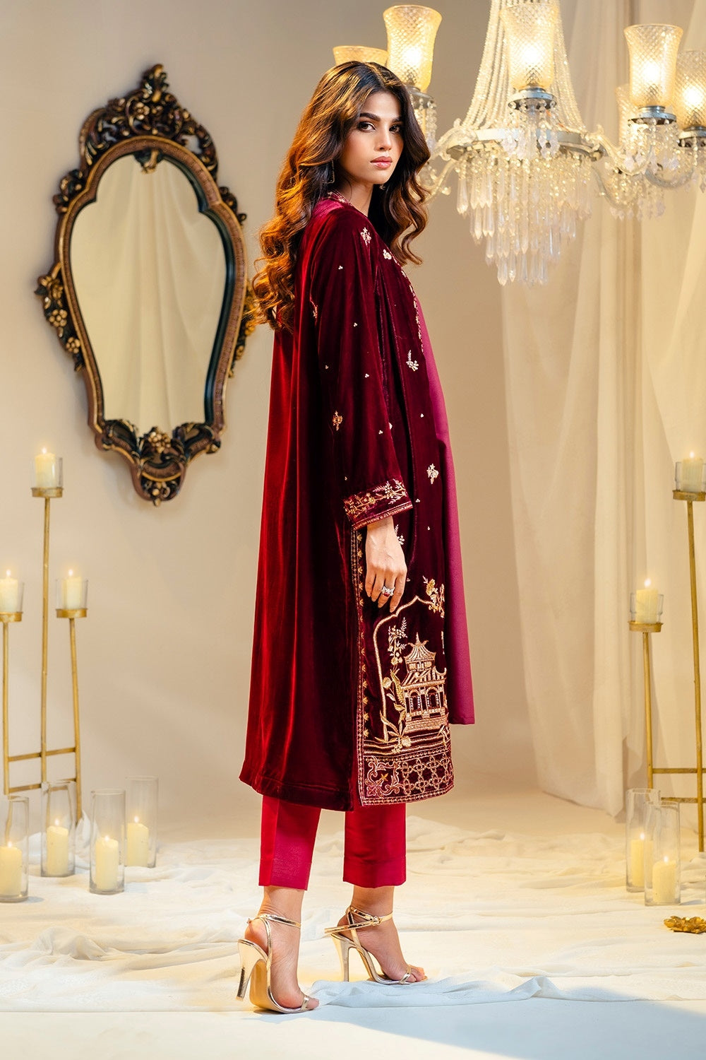 Velvet Embroidered Front Open Shirt With Inner And Dyed Trouser