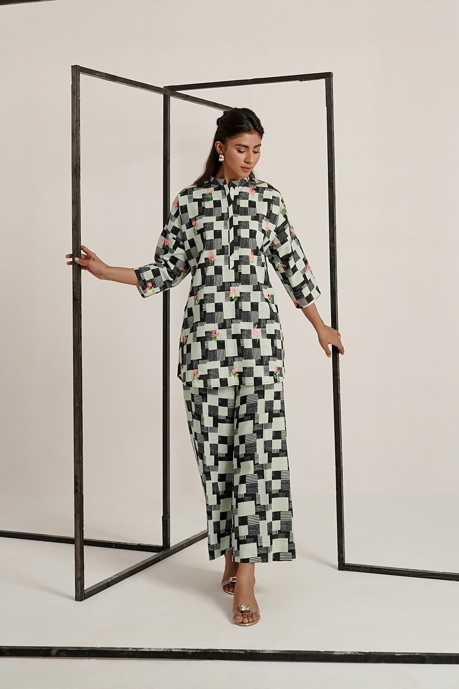 Cross Slub Printed With Embroidered Co-Ord Set