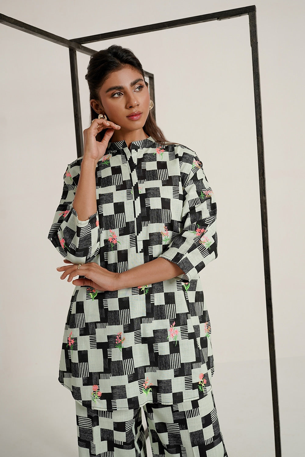Cross Slub Printed With Embroidered Co-Ord Set IPST-44252