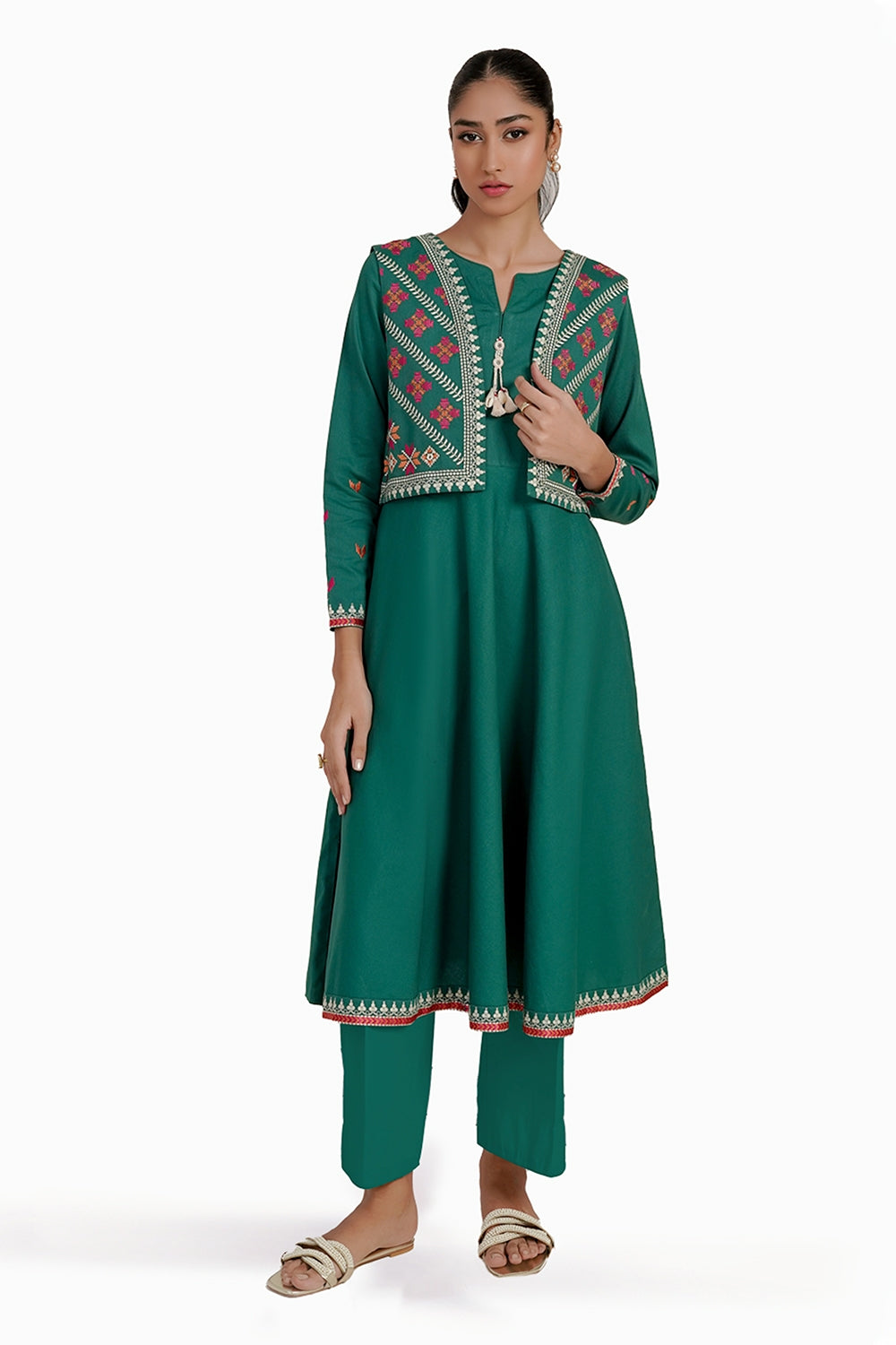 Corduroy Embroidered Long Dress With Attached Koti And Dyed Trouser IPST-44258
