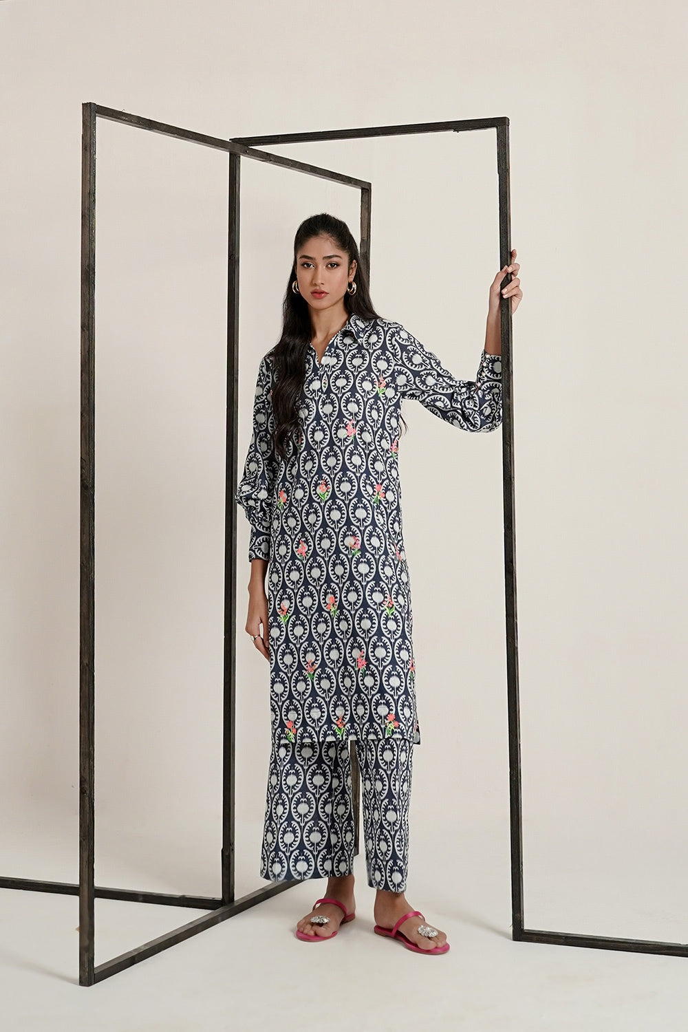 Cross Slub Printed With Embroidered Co-Ord Set IPST-44275