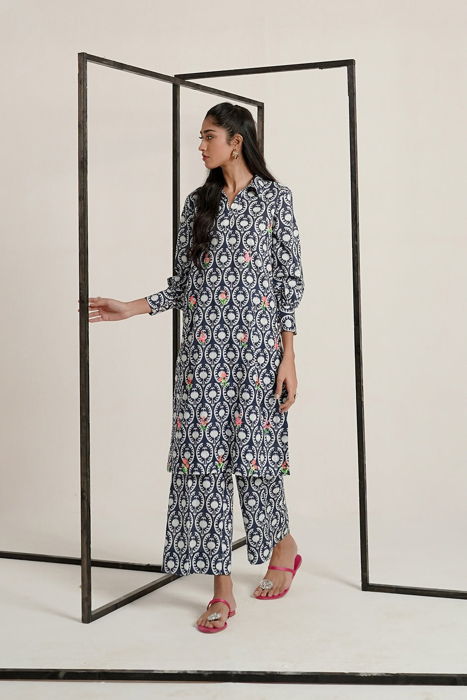 Cross Slub Printed With Embroidered Co-Ord Set