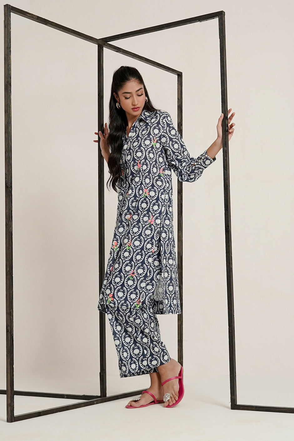 Cross Slub Printed With Embroidered Co-Ord Set
