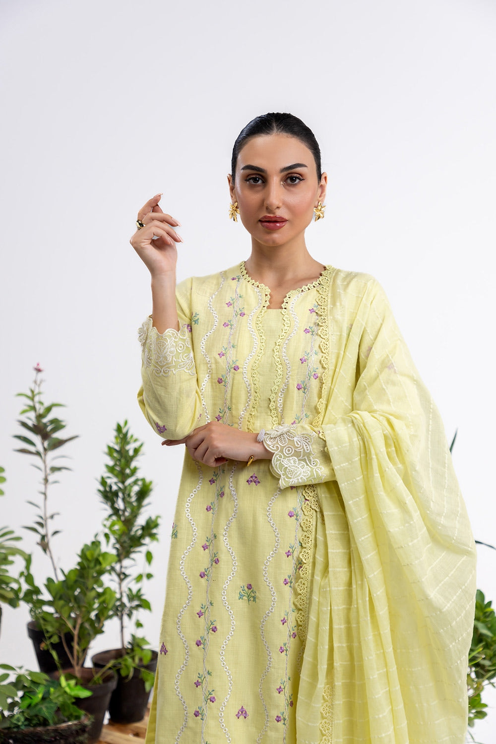 3 Piece Cross Slub Embroidered Suit