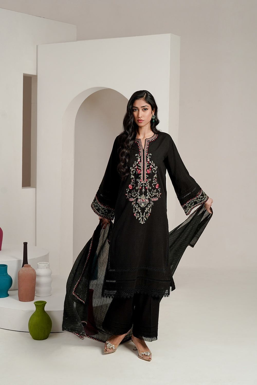 3PC Cross Slub Embroidered  Suit