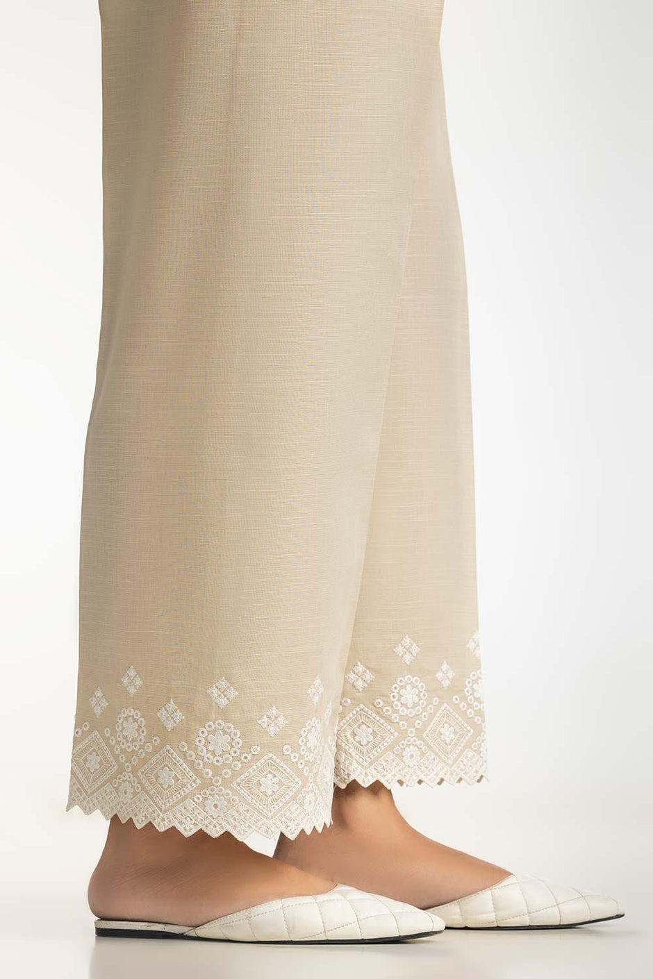 Beige Khaddar Embroidered Trouser