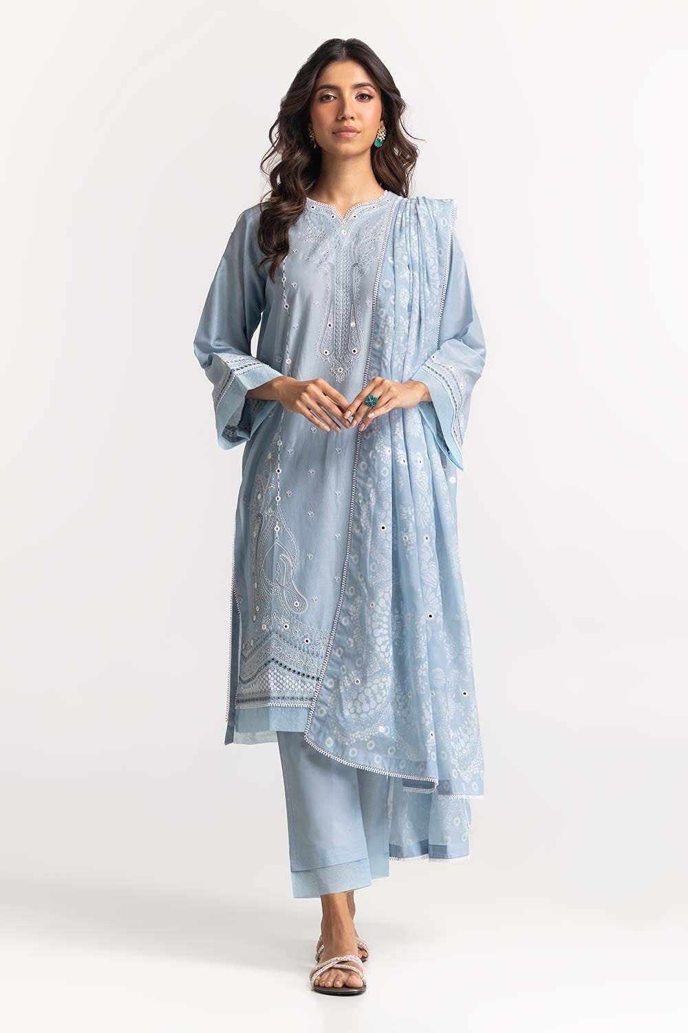 3 Piece Lawn Embroidered With Mirror Work Suit