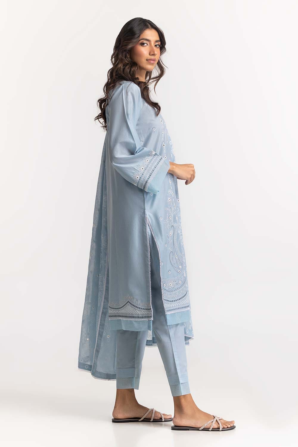 3 Piece Lawn Embroidered With Mirror Work Suit