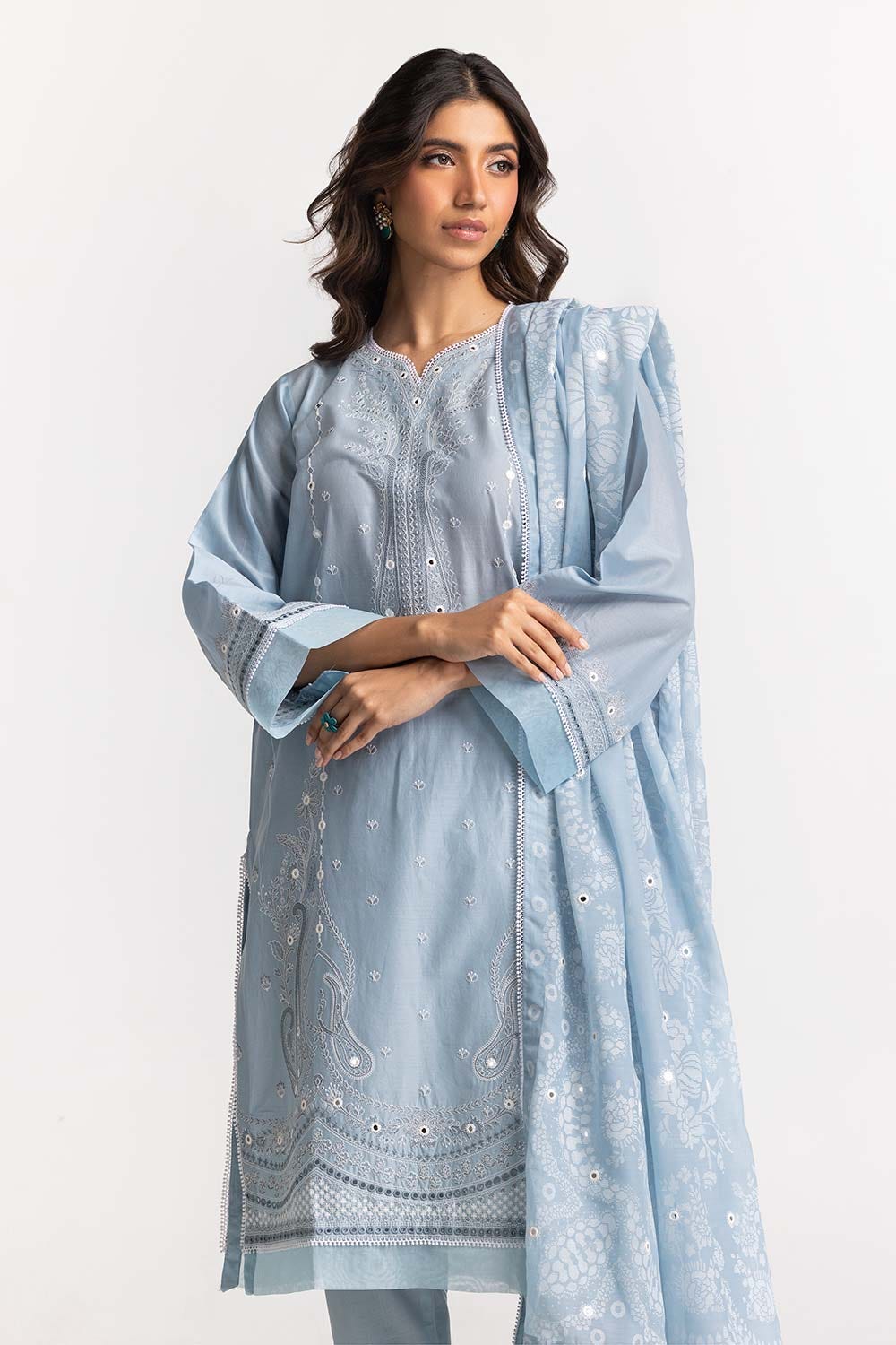 3 Piece Lawn Embroidered With Mirror Work Suit
