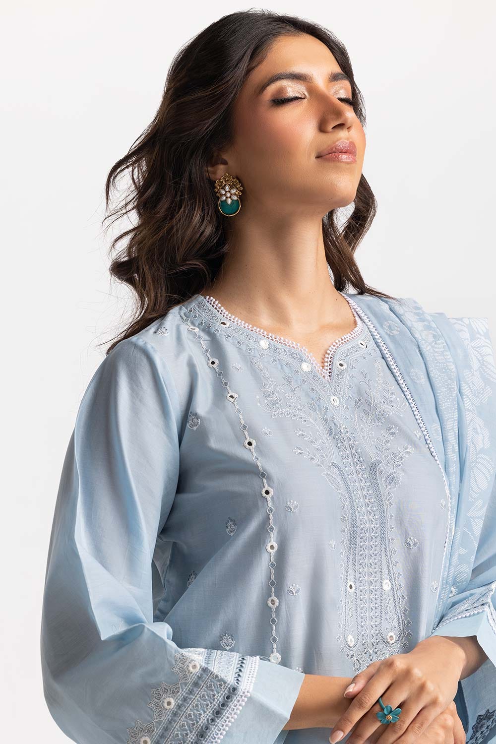 3 Piece Lawn Embroidered With Mirror Work Suit