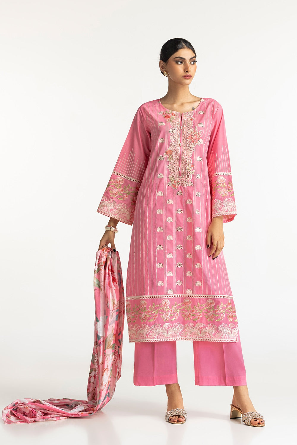 3 Piece Lawn Schiffli Embroidered Suit