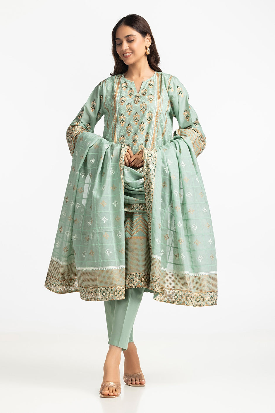 3 Piece Lawn Gold And Lacquer Printed Suit IUSTKSD-269
