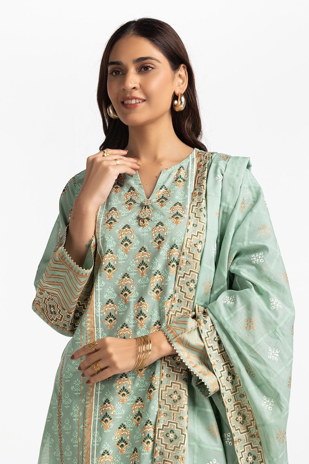 3 Piece Lawn Gold And Lacquer Printed Suit IUSTKSD-269