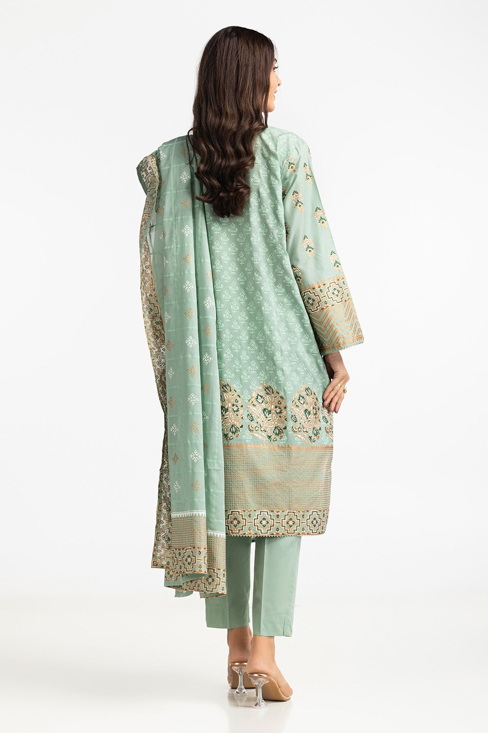 3 Piece Lawn Gold And Lacquer Printed Suit IUSTKSD-269
