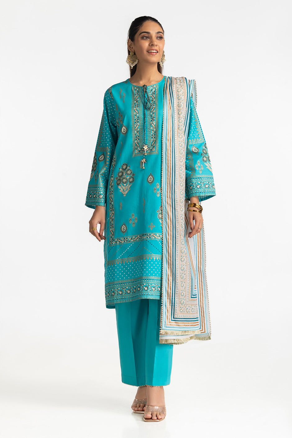 3 Piece Lawn Gold And Lacquer Printed Suit IUSTKSD-273