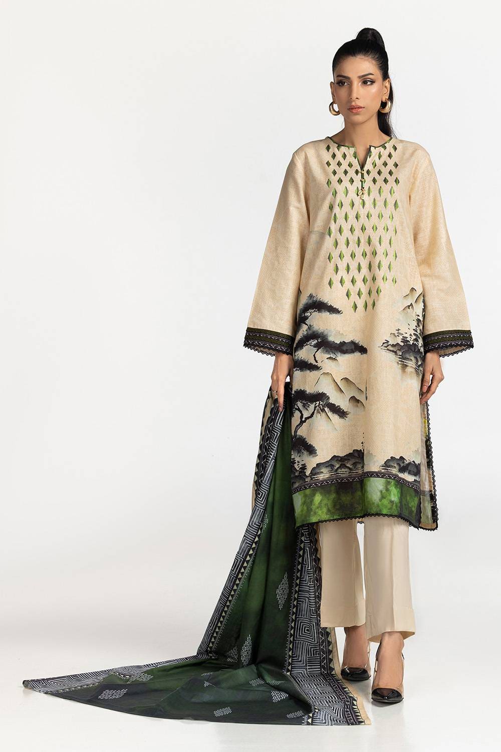 3 Piece Khaddar Printed With Embroidered Suit IUSTKSD-317