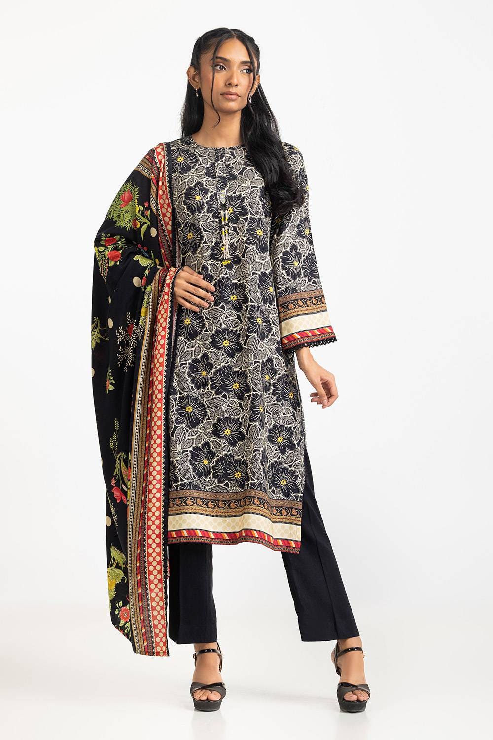 3 Piece Linen Printed Suit