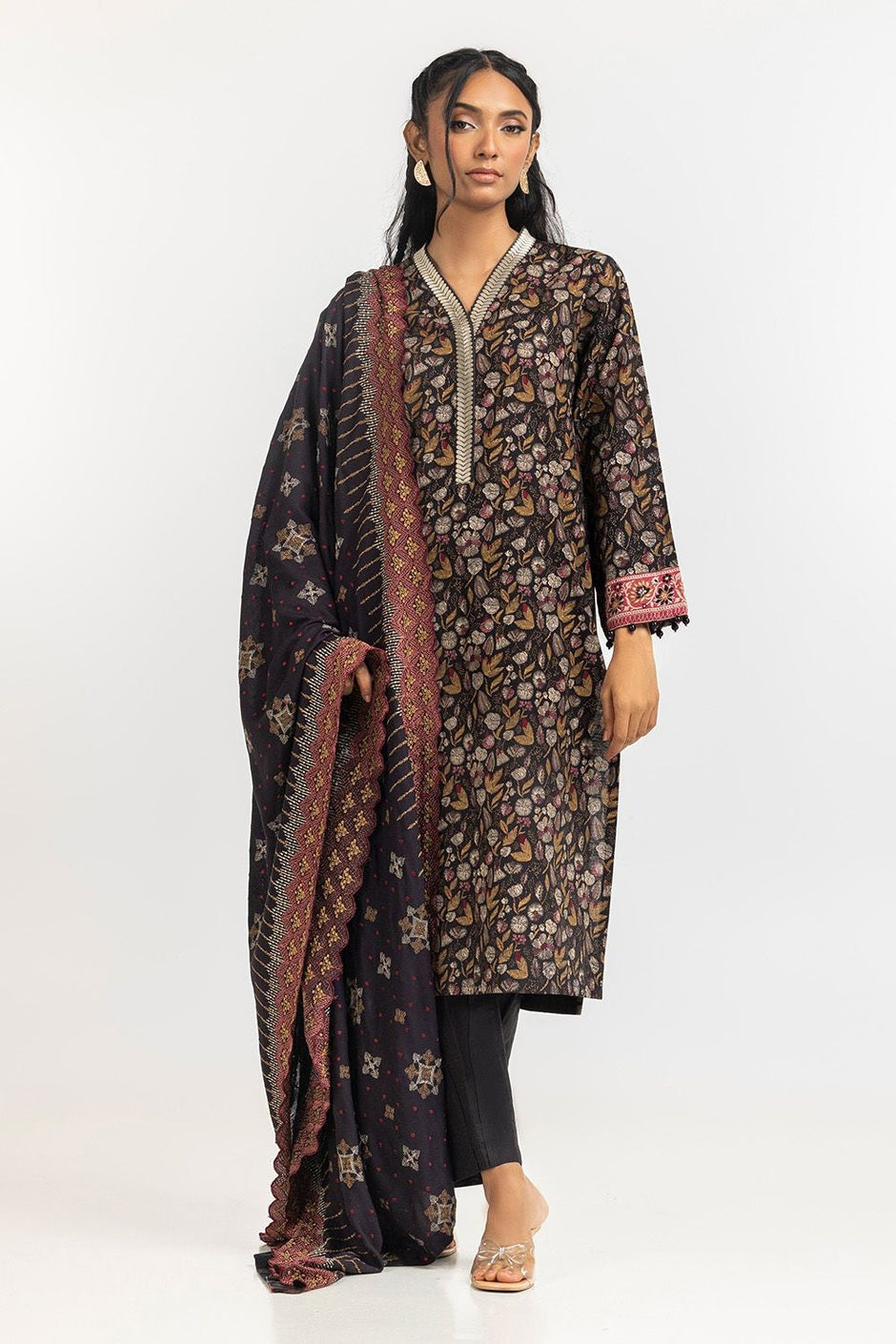 3 Piece Khaddar Printed With Embroidered Suit