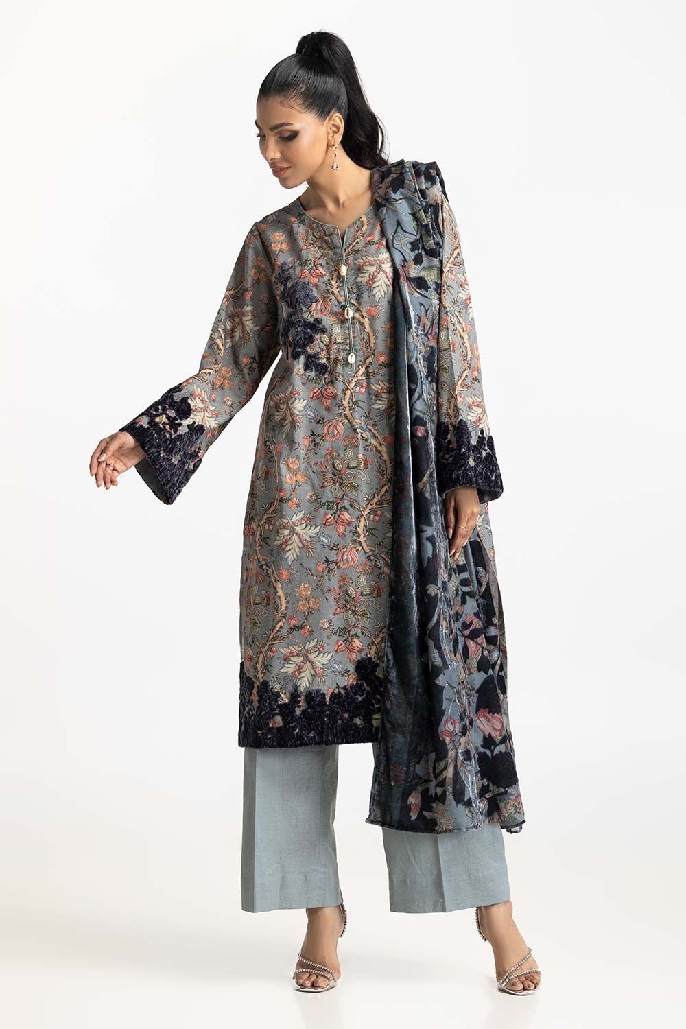 3 Piece Khaddar Printed With Embroidered  Suit IUSTKSD-493