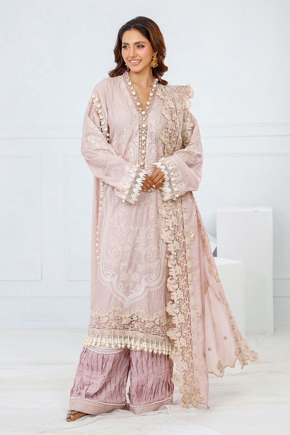 3 Piece Unstitched Embroidered Stripe Lurex Suit with Embroidered Jacquard Dupatta FE-52068