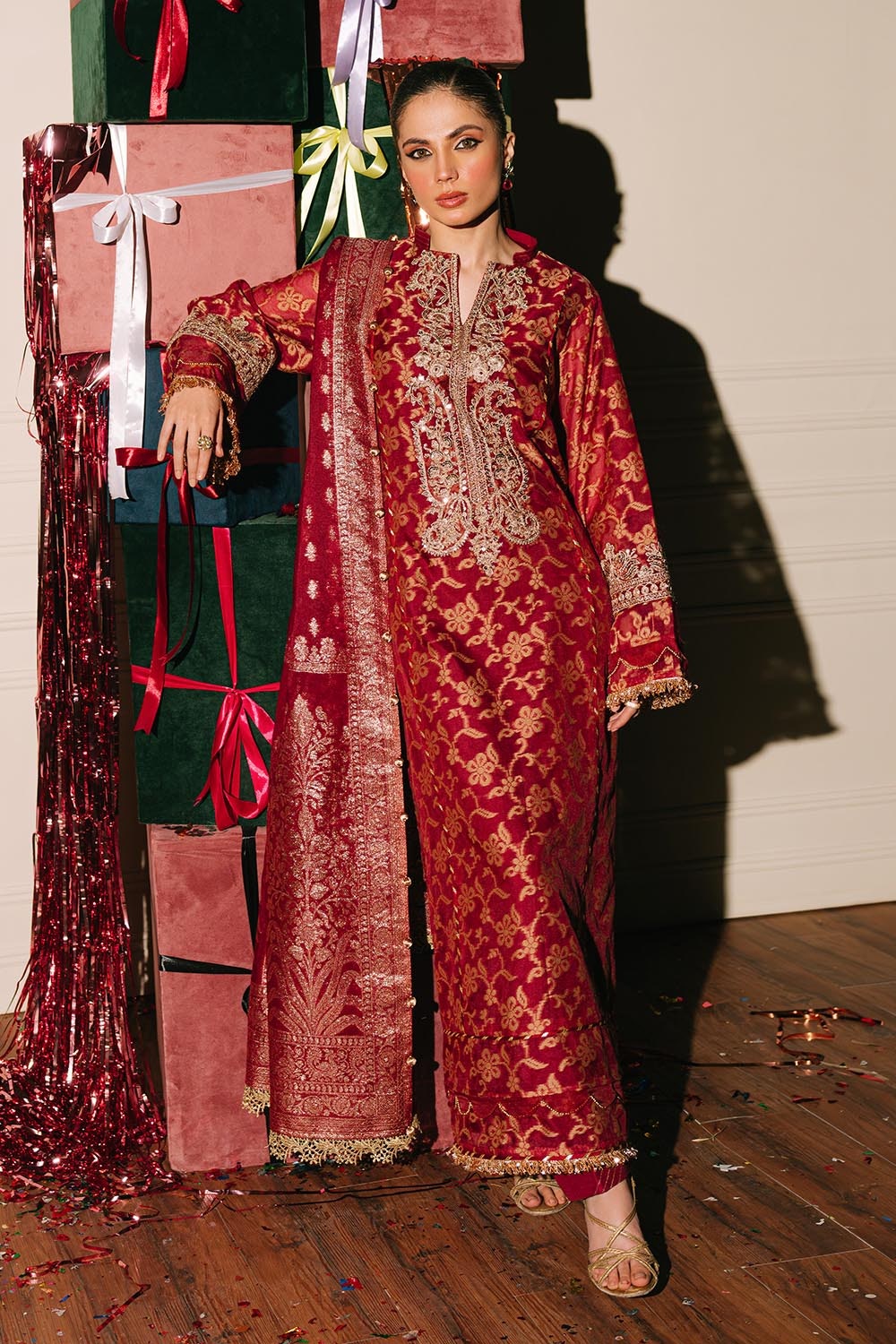 3 Piece Unstitched Embroidered Cotton Jacquard Suit with Jacquard Dupatta FE-52073