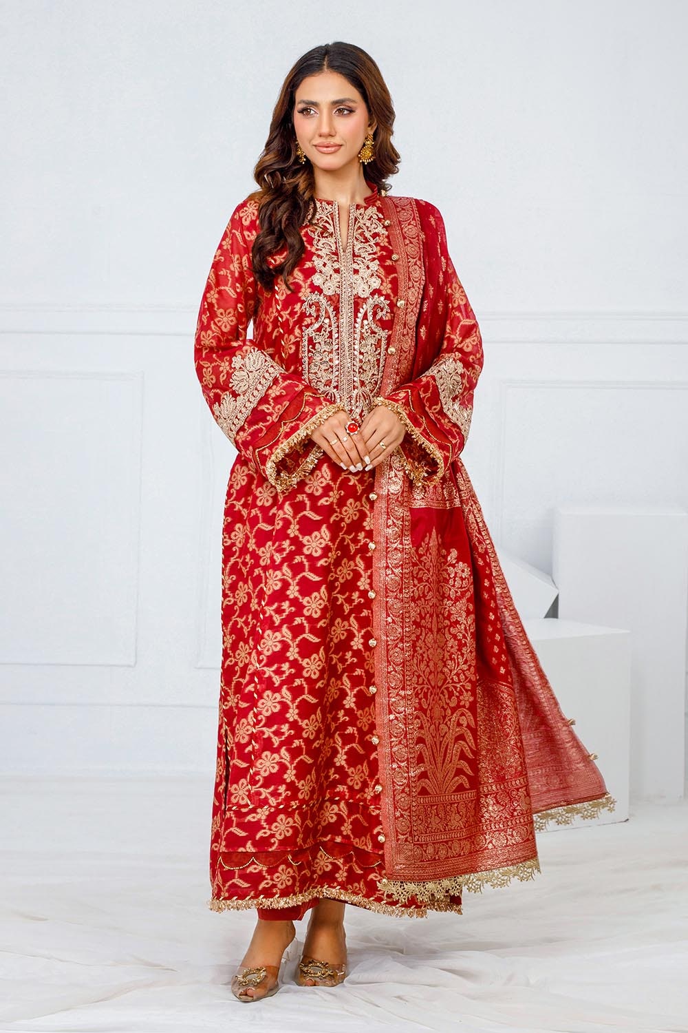 3 Piece Unstitched Embroidered Cotton Jacquard Suit with Jacquard Dupatta FE-52073
