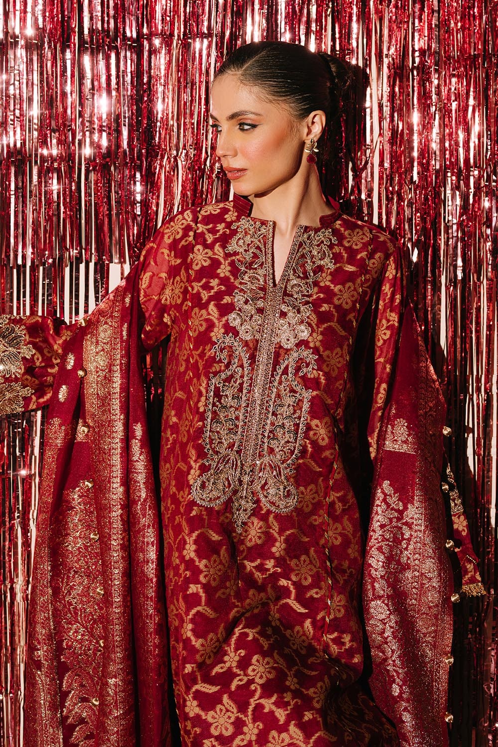 3 Piece Unstitched Embroidered Cotton Jacquard Suit with Jacquard Dupatta FE-52073