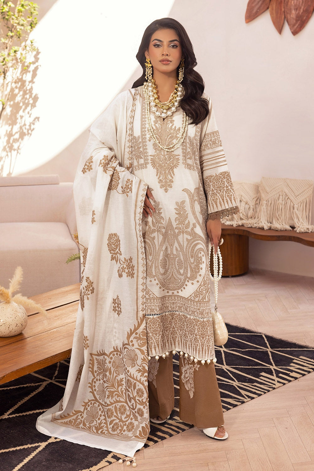 3 Piece Unstitched Embroidered Jacquard Suit with Jacquard Dupatta