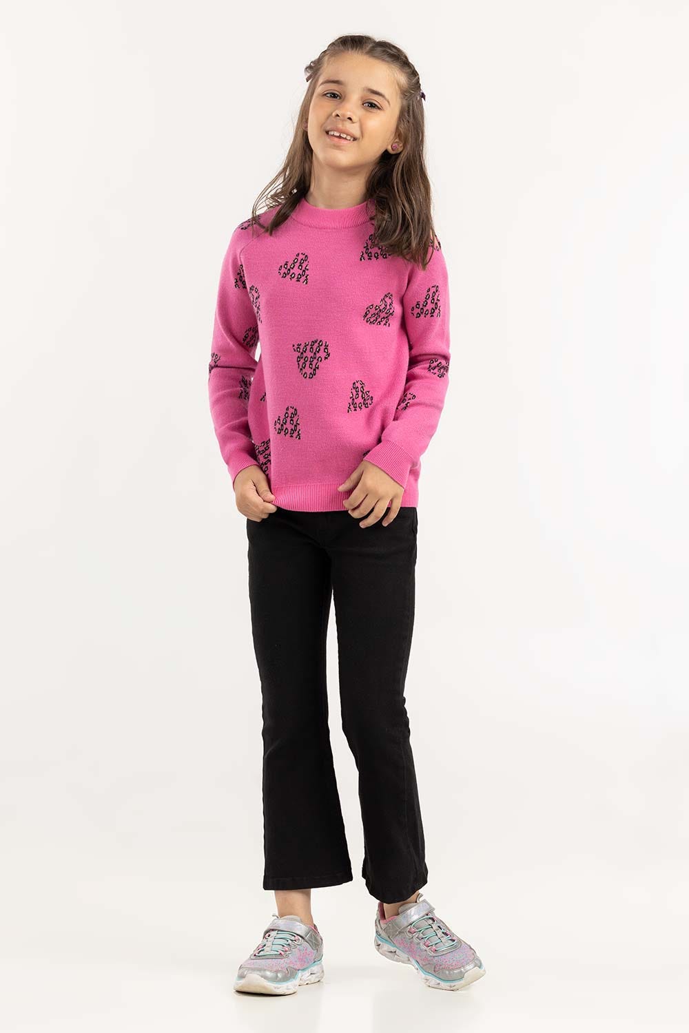 Junior Girl Pink Jacquard Sweater With Round Neck 224-411-002