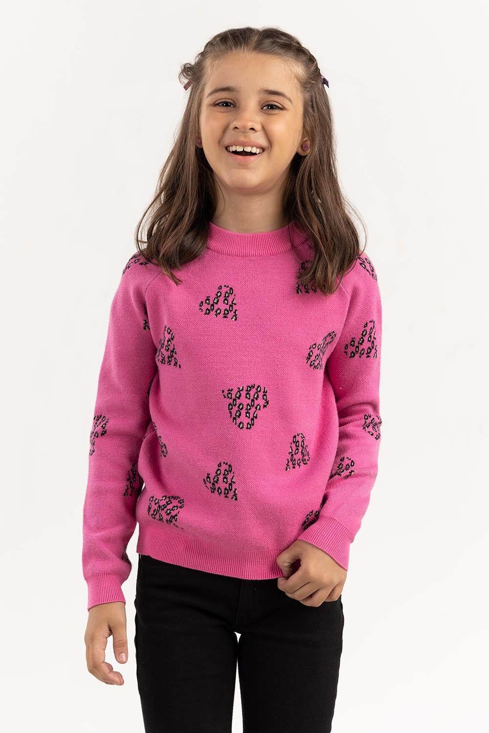 Junior Girl Pink Jacquard Sweater With Round Neck 224-411-002