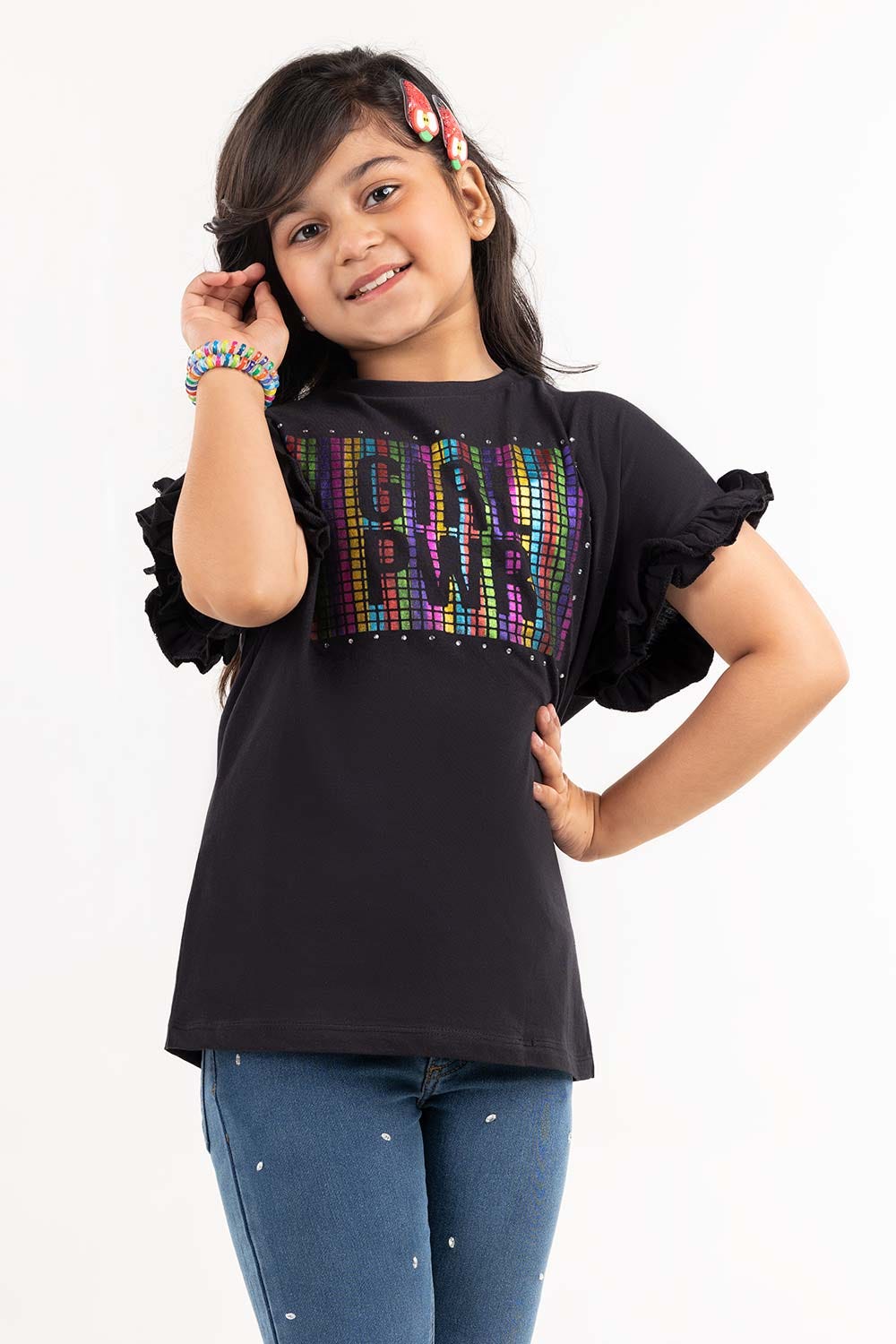 Junior Girl Jet Black Printed Knit Top JGKT-2210030