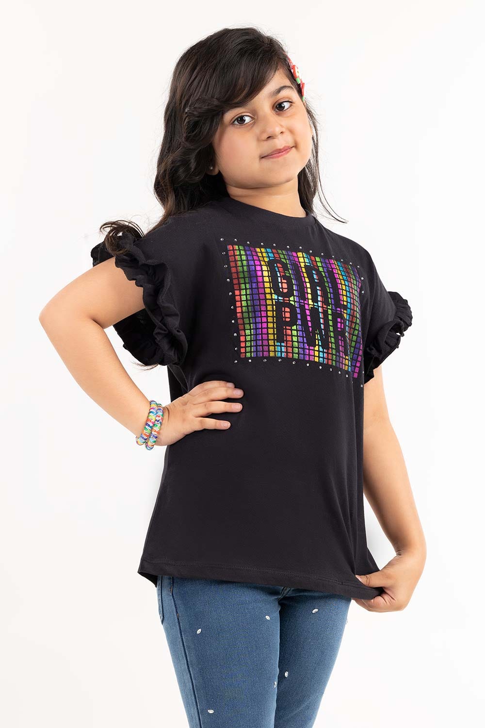 Junior Girl Jet Black Printed Knit Top JGKT-2210030
