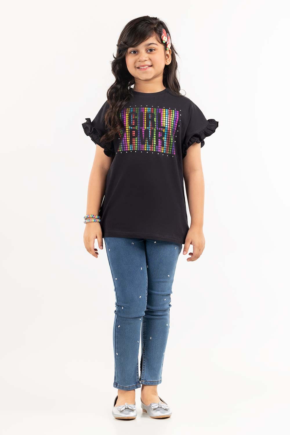 Junior Girl Jet Black Printed Knit Top JGKT-2210030