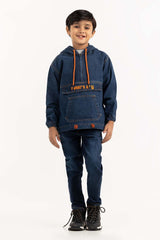 Junior Boy Dark Blue Denim Jacket With Hood 224-310-051