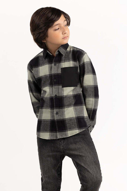 Junior Boy Green And Black Casual Shirt 224-317-006
