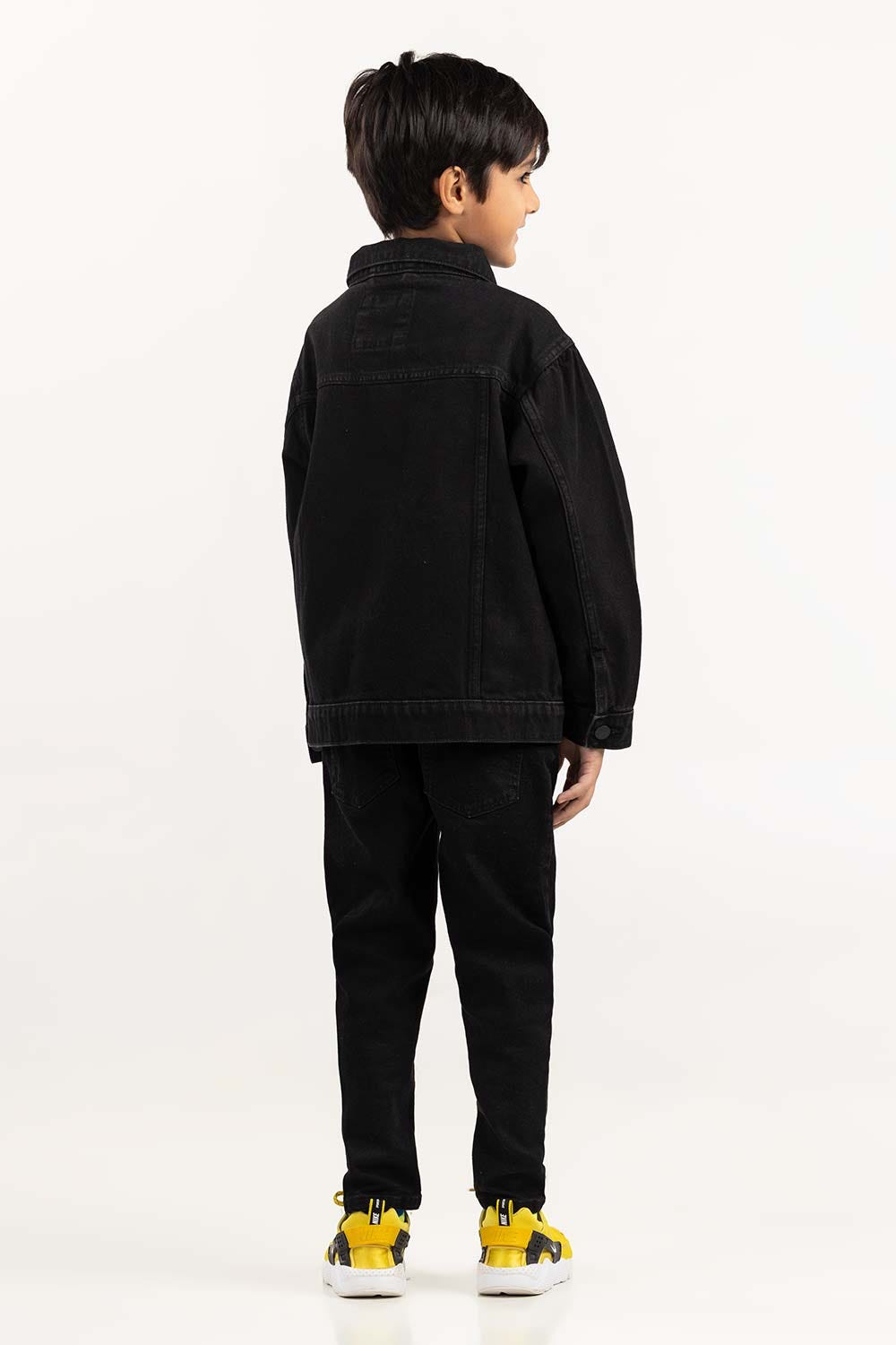 Junior Boy Jet Black Collared Denim Jacket 224-310-046
