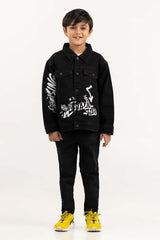 Junior Boy Jet Black Collared Denim Jacket 224-310-046