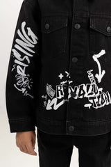 Junior Boy Jet Black Collared Denim Jacket 224-310-046