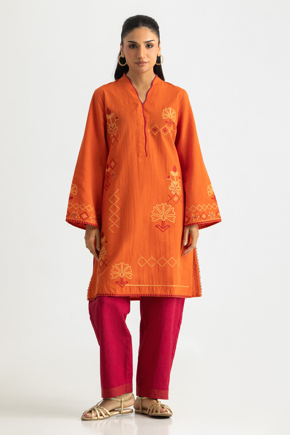karandi Gold Slub Embroidered Co-Ord Set
