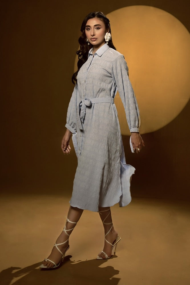 Seersucker Belted Dress KJ-43020