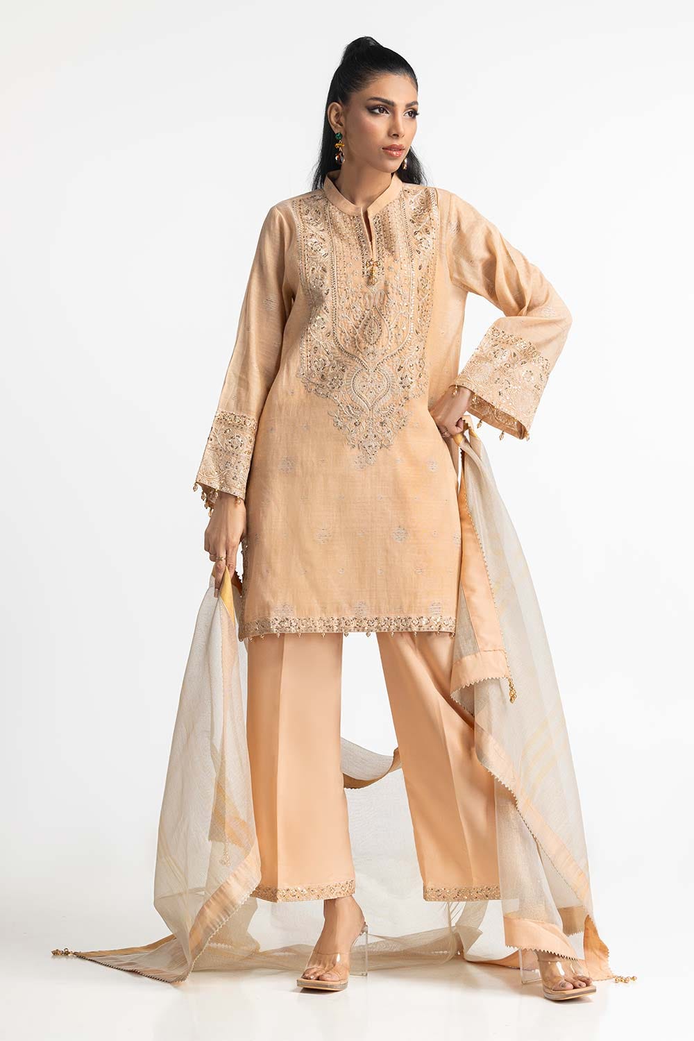 3 Piece Zari Jacquard Embroidered Suit