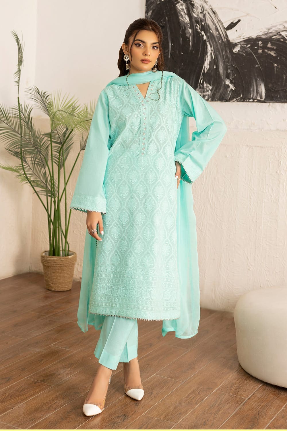 3 Piece Cambric Embroidered Suit KJP-43306