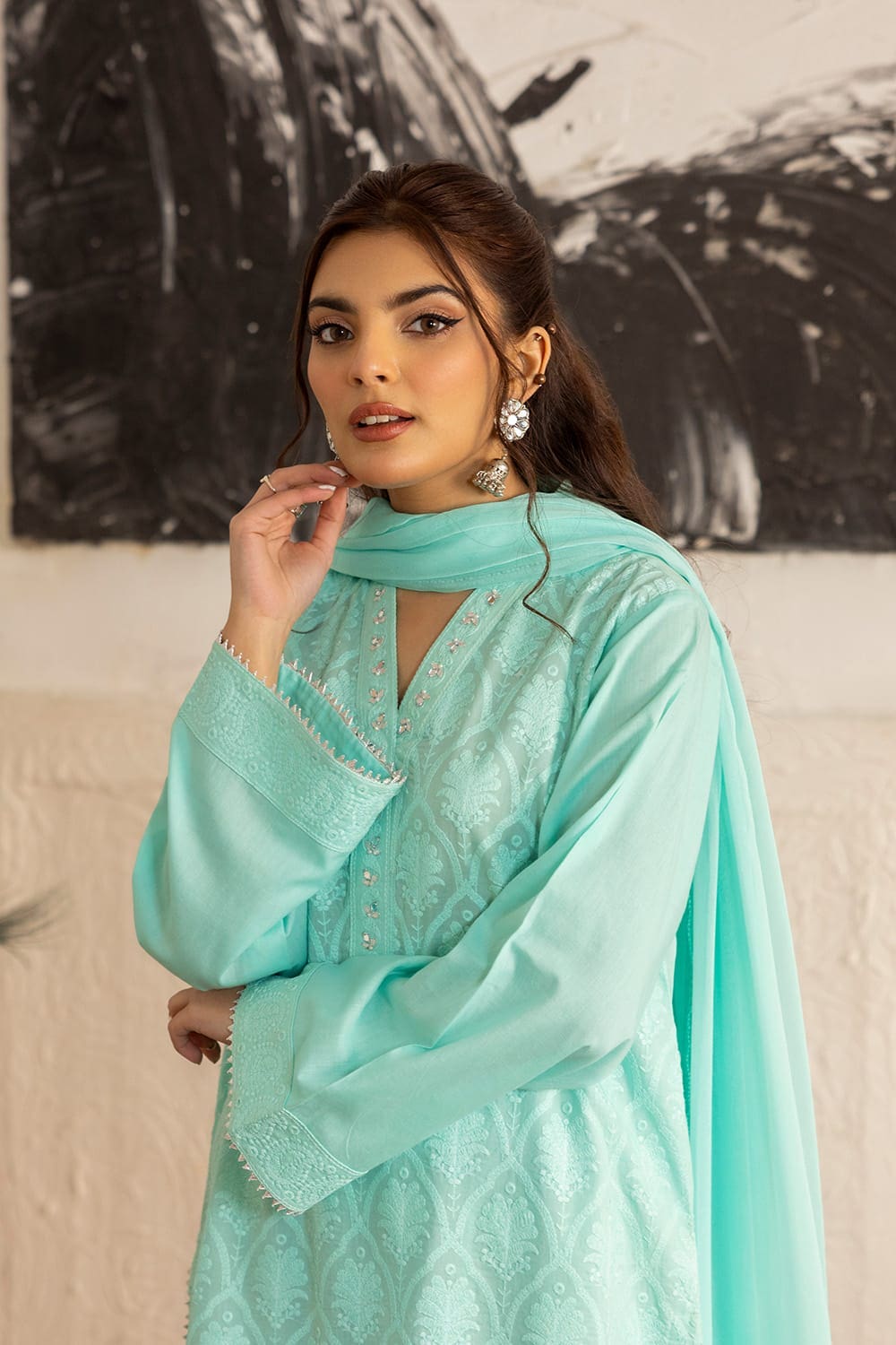 3 Piece Cambric Embroidered Suit KJP-43306