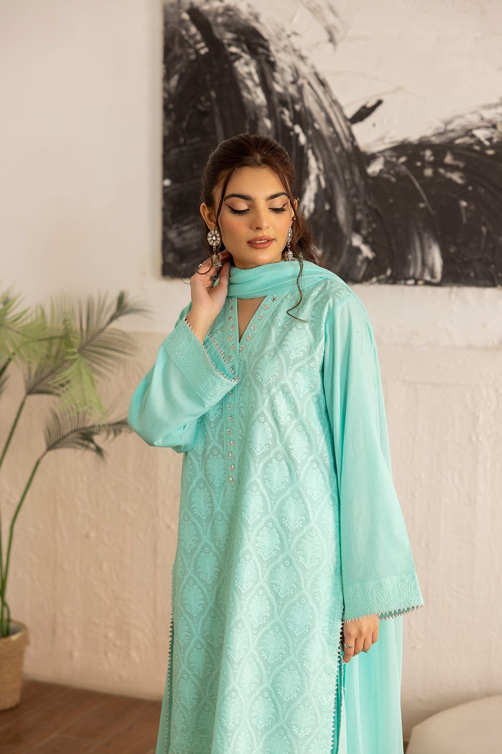 3 Piece Cambric Embroidered Suit KJP-43306