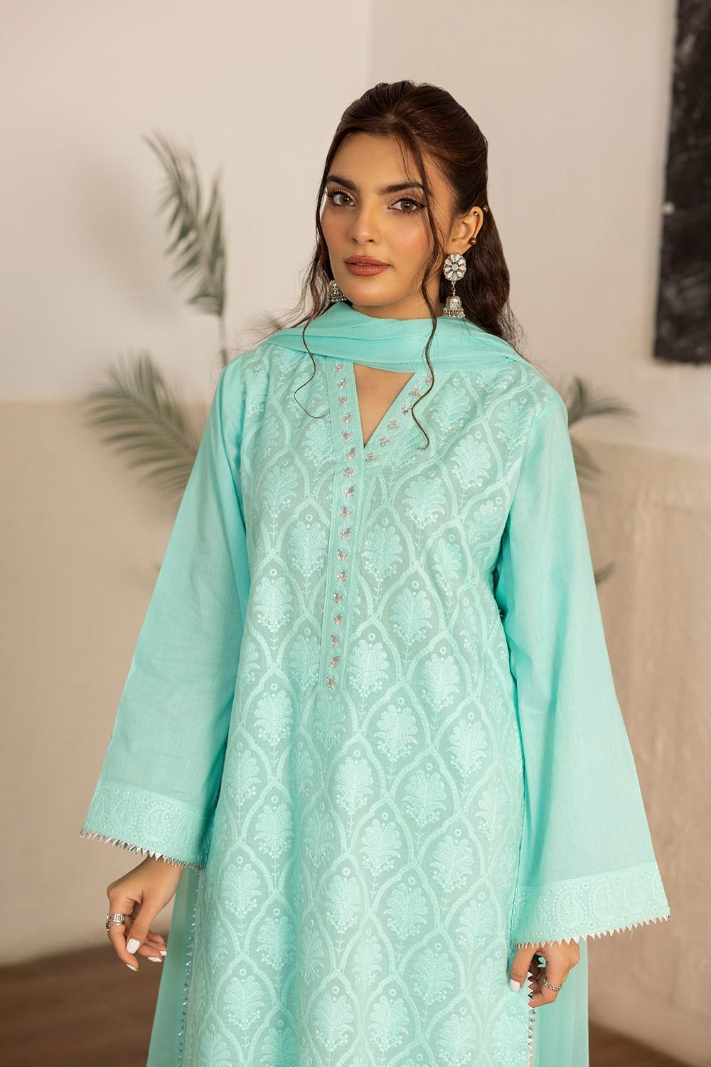 3 Piece Cambric Embroidered Suit KJP-43306