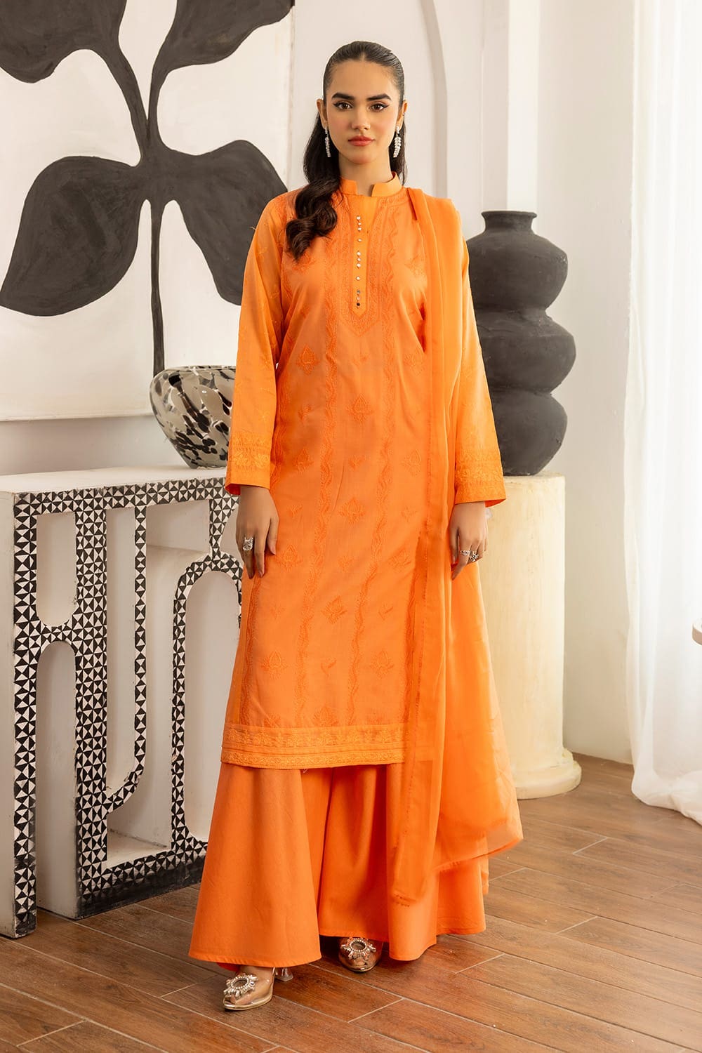3 Piece Cambric Embroidered Suit KJP-43309