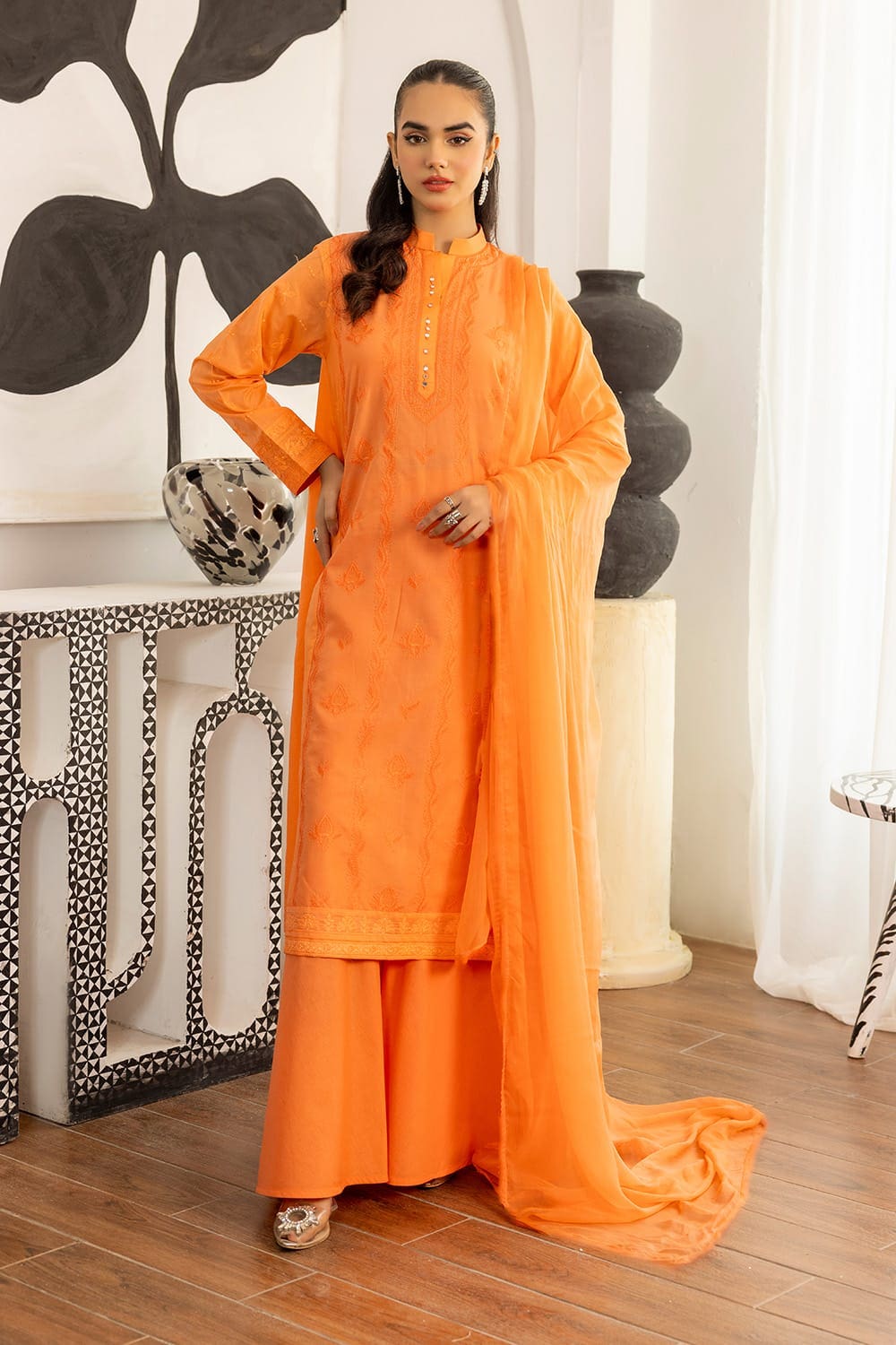 3 Piece Cambric Embroidered Suit KJP-43309
