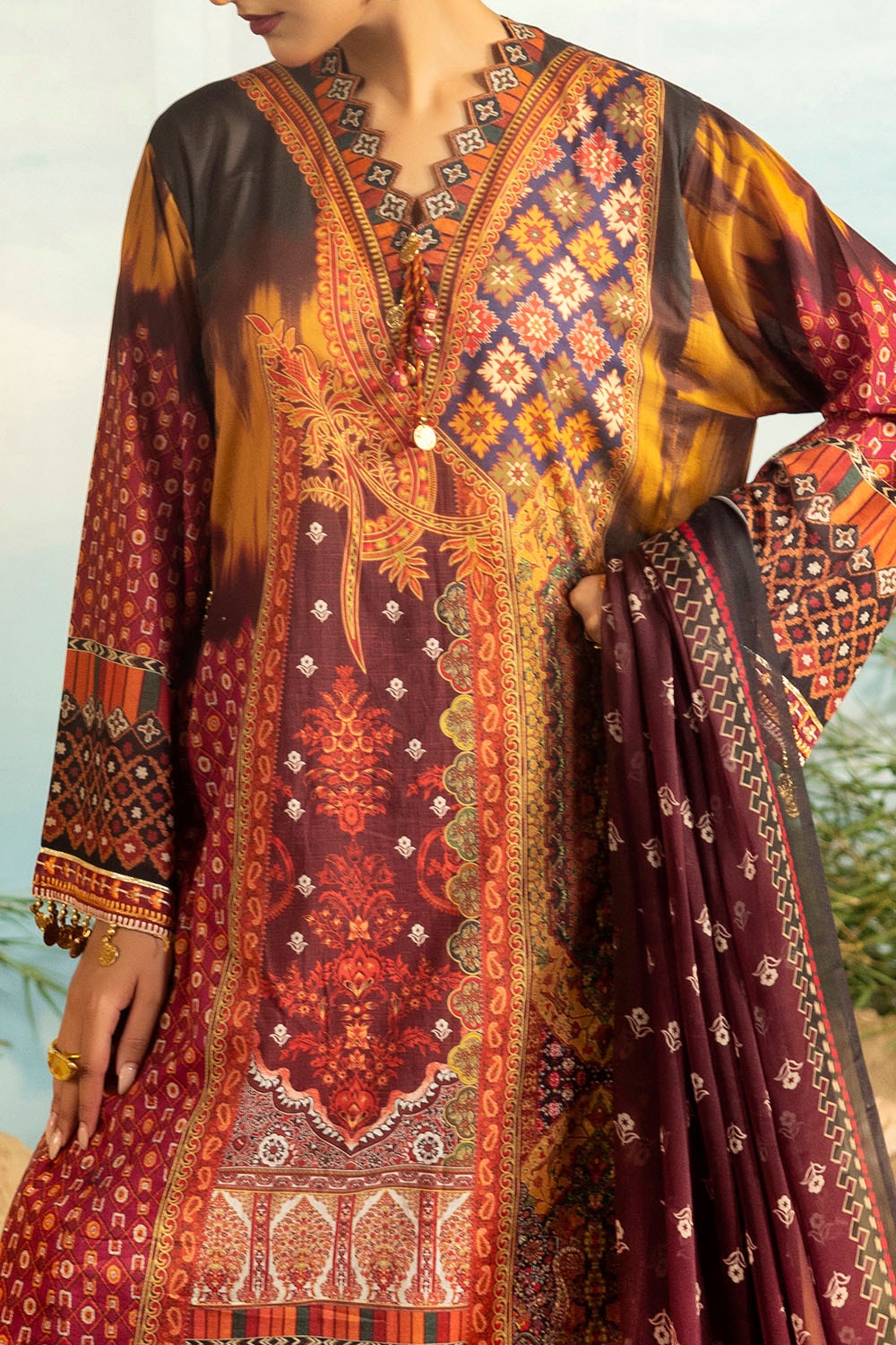 3 Piece Unstitched Printed Embroidered Lawn Suit with Printed Chiffon Dupatta MFL-42011